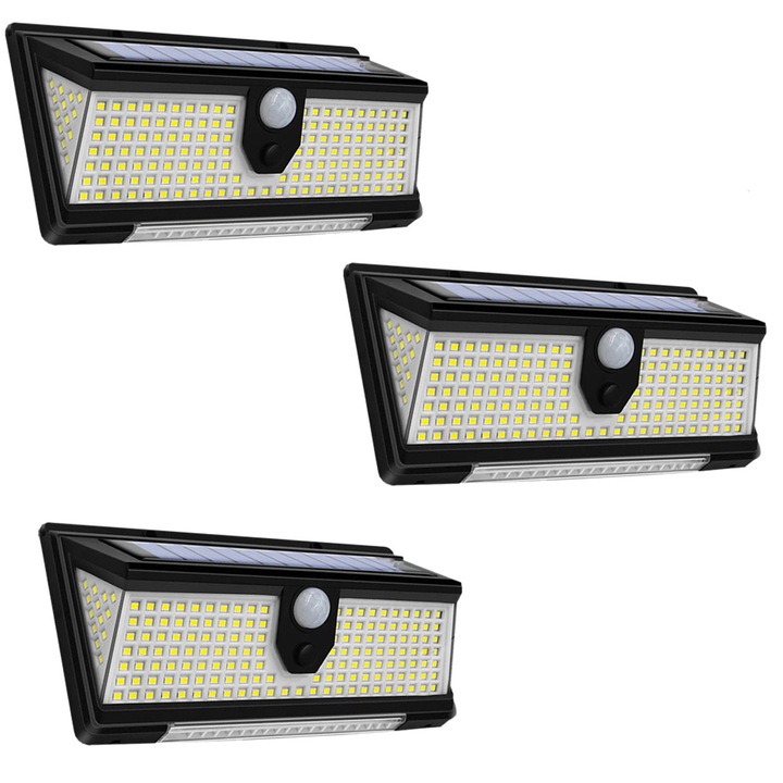 3 db napelemes lámpa szett, K KATHODE, CL-S190, 190 x SMD LED, 18 piros/kék LED, 4 üzemmód, mozgás-/szürkület-/éberségi érzékelő, Fekete