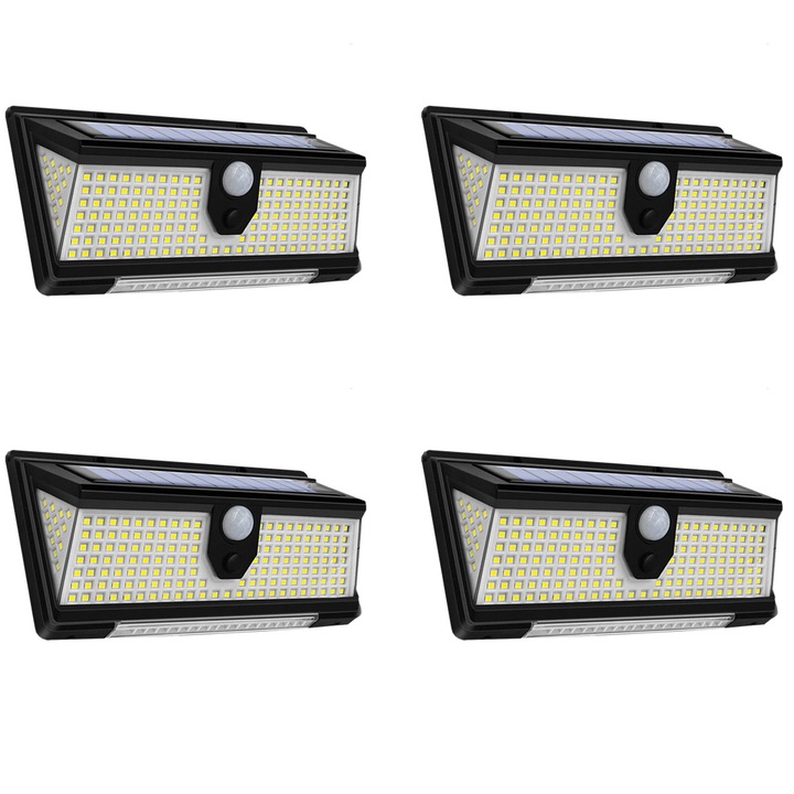 4 db lámpa készlet napelemes töltéssel, K KATHODE, CL-S190, 190 x SMD LED, 18 piros/kék LED, 4 üzemmód, mozgás/szürkület/ébredés érzékelő, fekete