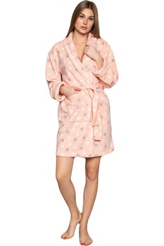 Halat dama de casa, cocolino soft-polar, pufos, imprimeu pisici corai, Corai Halat dama de casa, cocolino soft-polar, pufos, imprimeu pisici corai, Corai