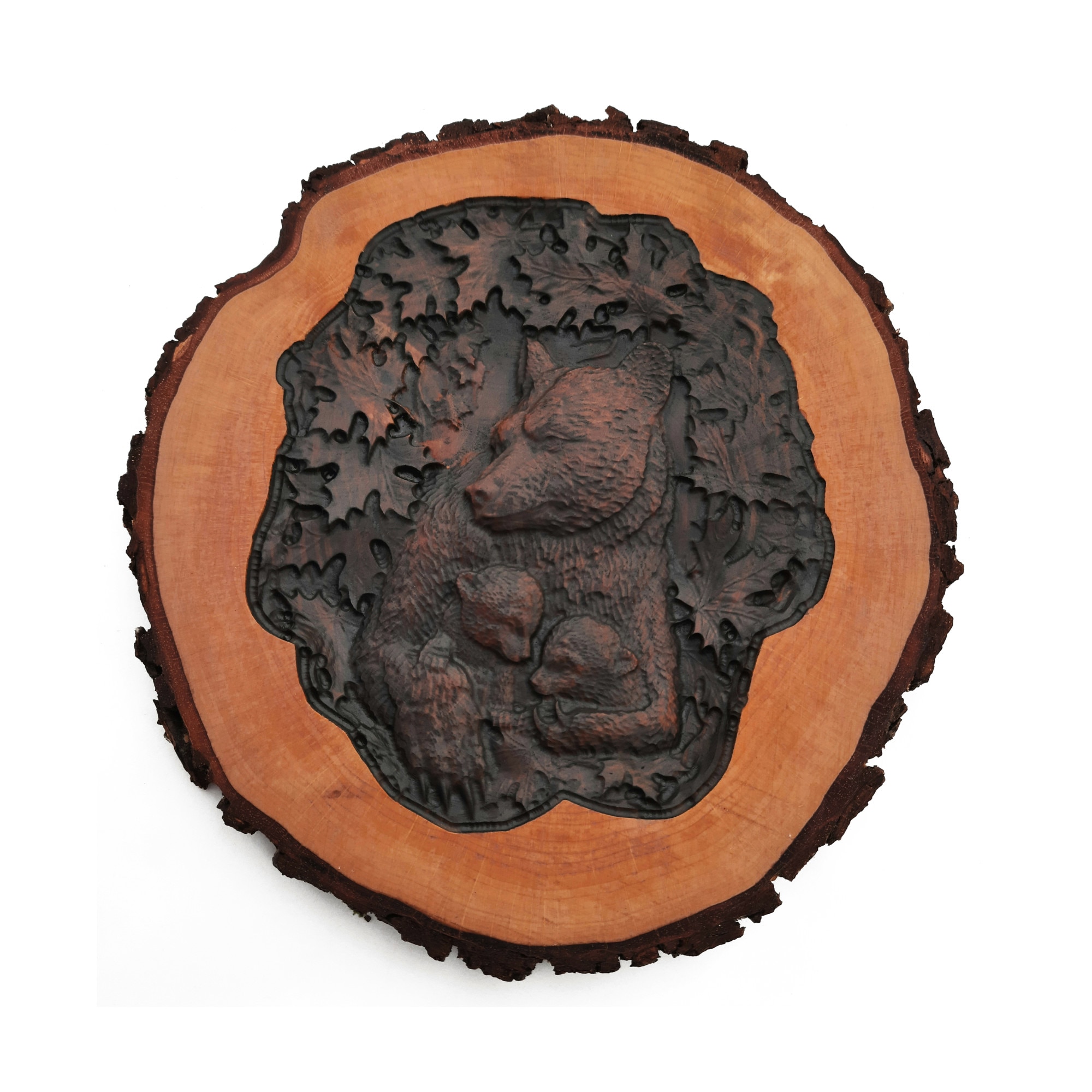 Sculptura rondea de lemn cu diametru 25 cm - Urs