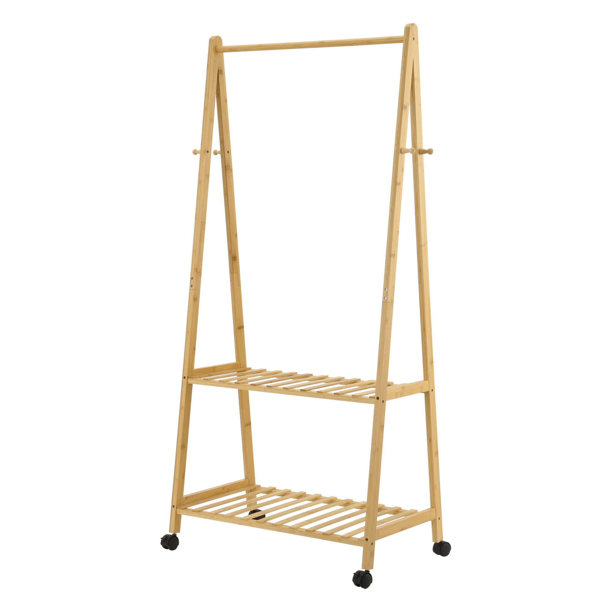 Suport mobil pentru haine, en.casa, Ullensvang, 69,5 x 43 x 152 cm, bambus, natur cu 2 rafturi si 4 agatatori
