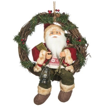 Coronita decorativa pentru usa, Mos Craciun Rosu/Alb cu felicitare, felinar si sac de cadouri,40 cm Coronita decorativa pentru usa, Mos Craciun Rosu/Alb cu felicitare, felinar si sac de cadouri,40 cm