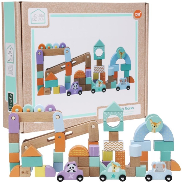 Set 60 Piese Constructie, Sun Baby, Lemn, Multicolor, Calitate Ridicata A Constructiei, Durata Lunga De Viata