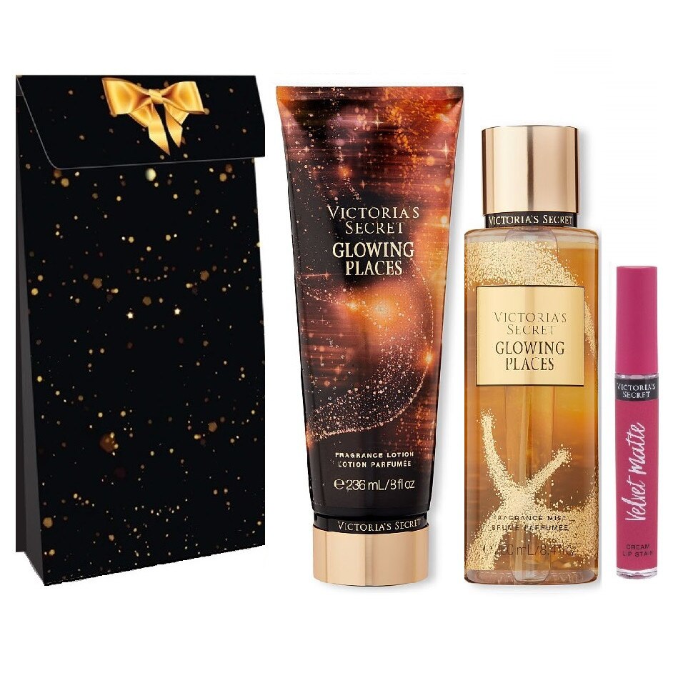 Pachet promo Victoria Secret, Glowing Places, Spray de corp 250 ml si Lotiune de corp 236 ml si Ruj rezistent la transfer Velvet Matte