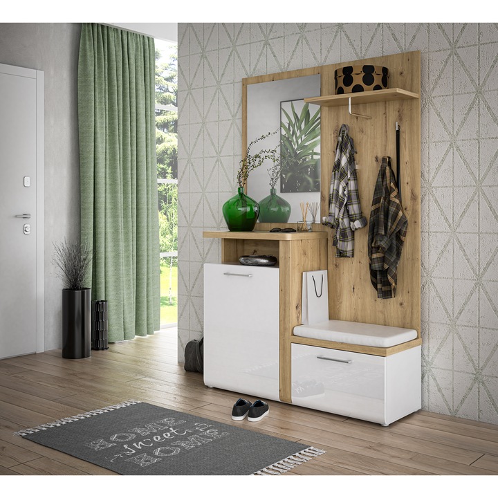 Комплект мебели за антре Kring Bolzano, 128.8x200.5x43.4 см, Бял/ Гланц