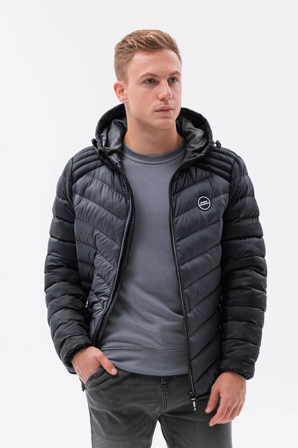 OMBRE, Geaca cu gluga, vatelina si aspect matlasat, Gri inchis/Negru, M