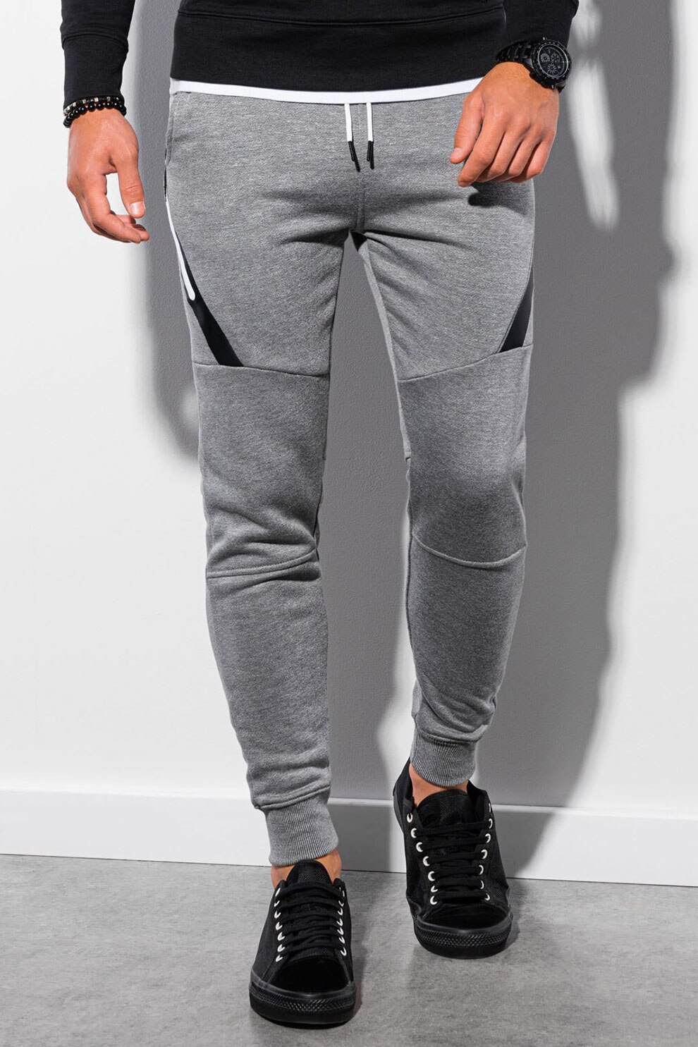 OMBRE, Pantaloni sport din amestec de bumbac cu croiala conica, Gri melange