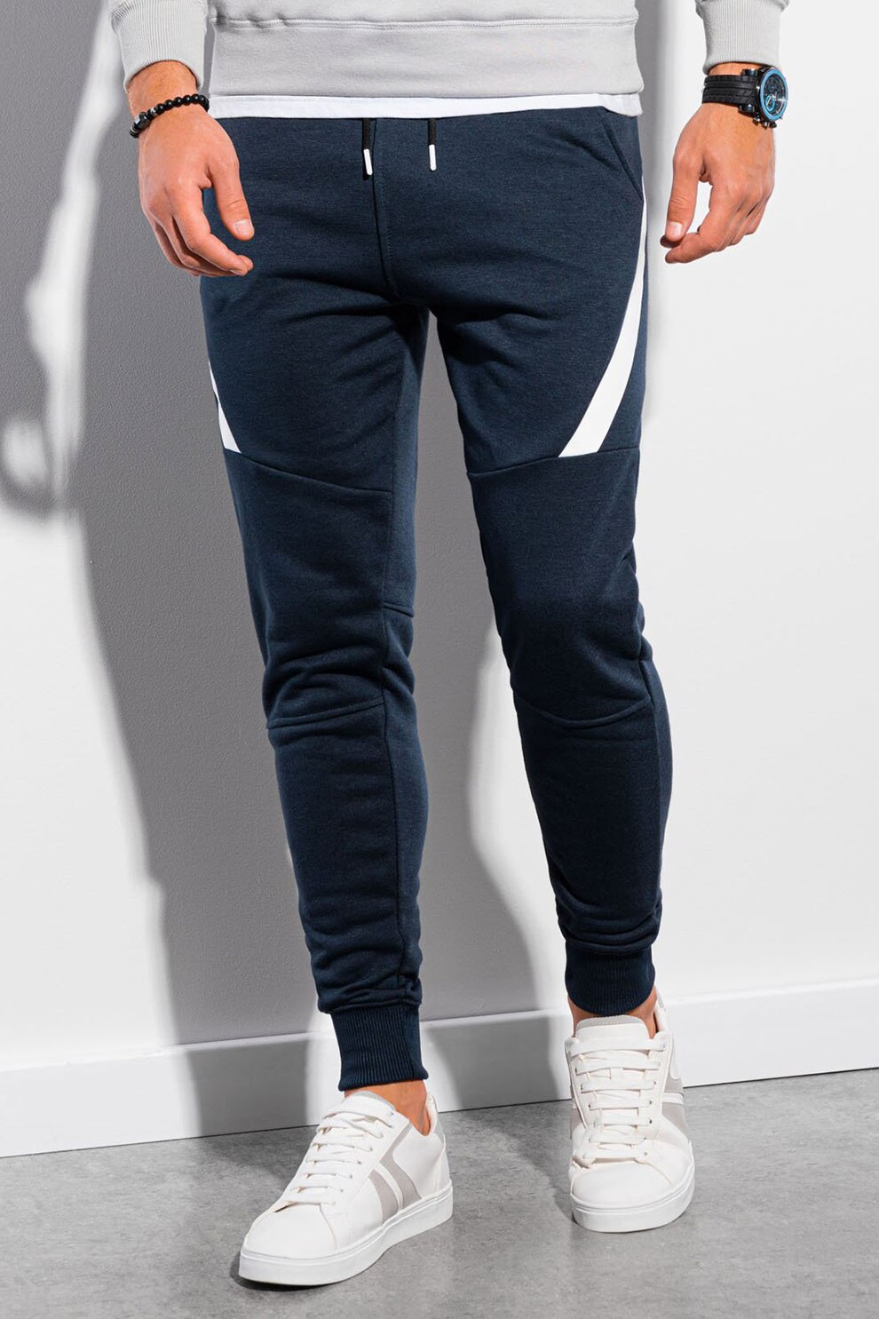 OMBRE, Pantaloni sport din amestec de bumbac cu croiala conica, Bleumarin inchis