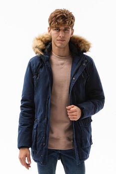 OMBRE, Geaca parka usoara cu garnitura din blana sintetica, Bleumarin OMBRE, Geaca parka usoara cu garnitura din blana sintetica, Bleumarin