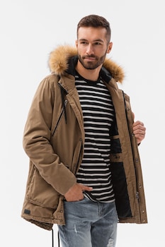 OMBRE, Geaca parka usoara cu garnitura din blana sintetica, Maro camel OMBRE, Geaca parka usoara cu garnitura din blana sintetica, Maro camel