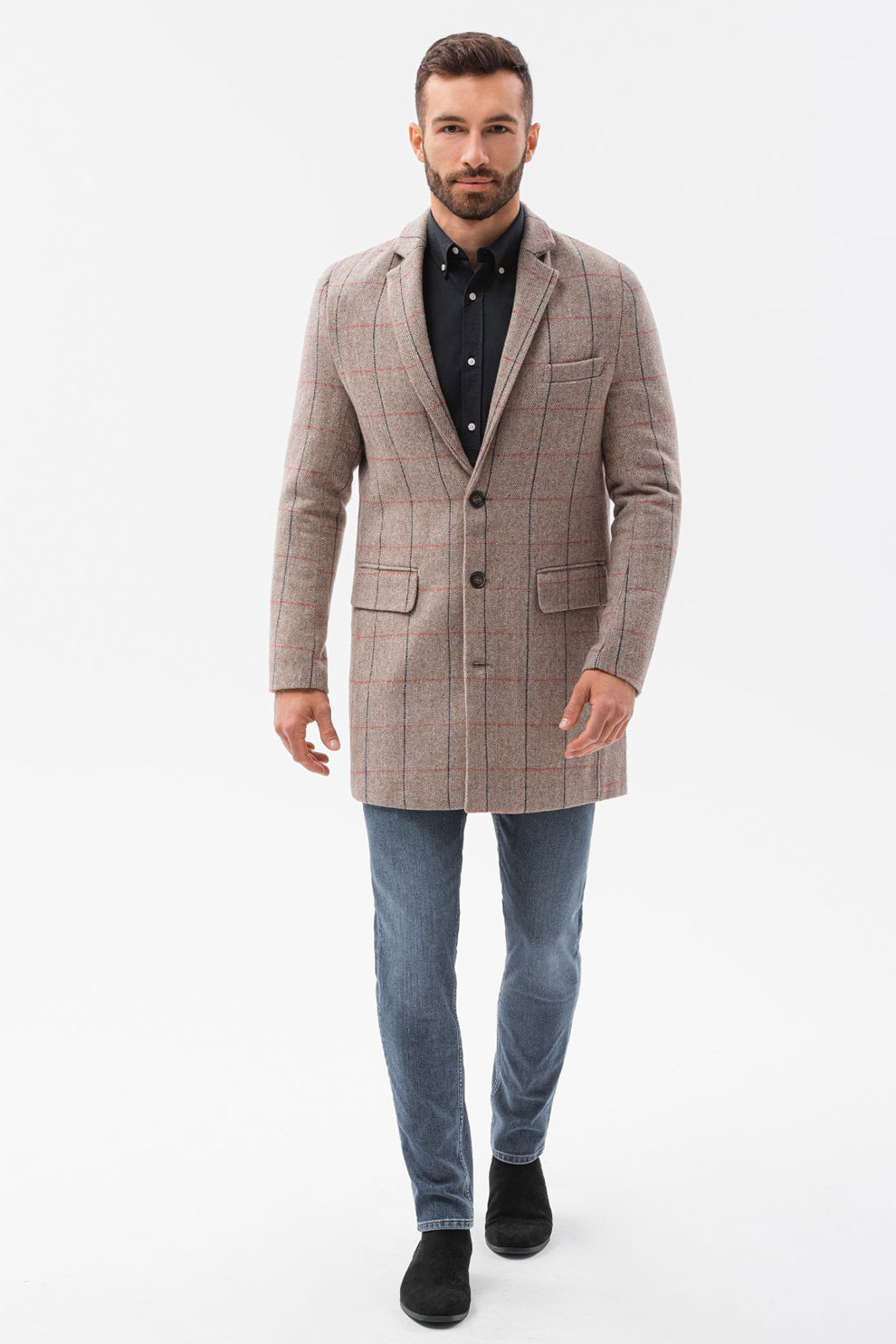 OMBRE, Palton cu model in carouri si revere decupate, Rosu/Maro camel