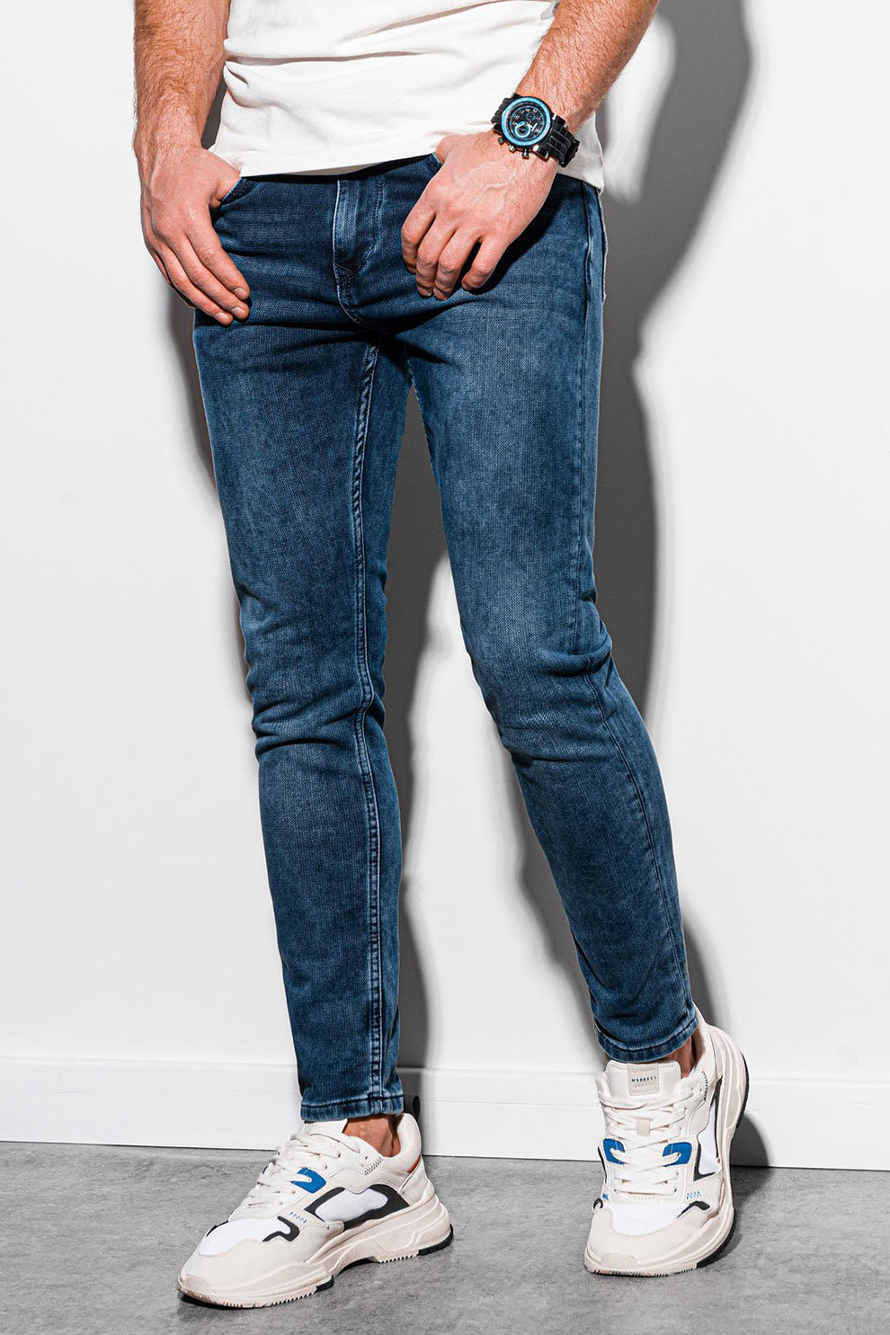 OMBRE, Blugi slim fit cu aspect decolorat, Bleumarin inchis