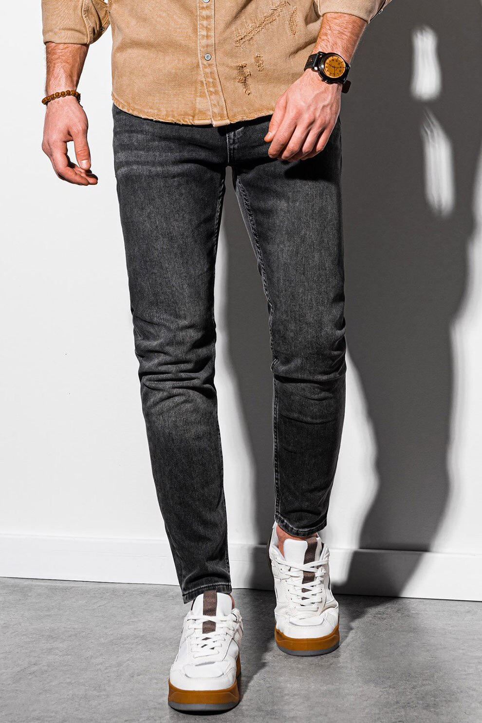 OMBRE, Blugi slim fit cu aspect decolorat, Gri antracit