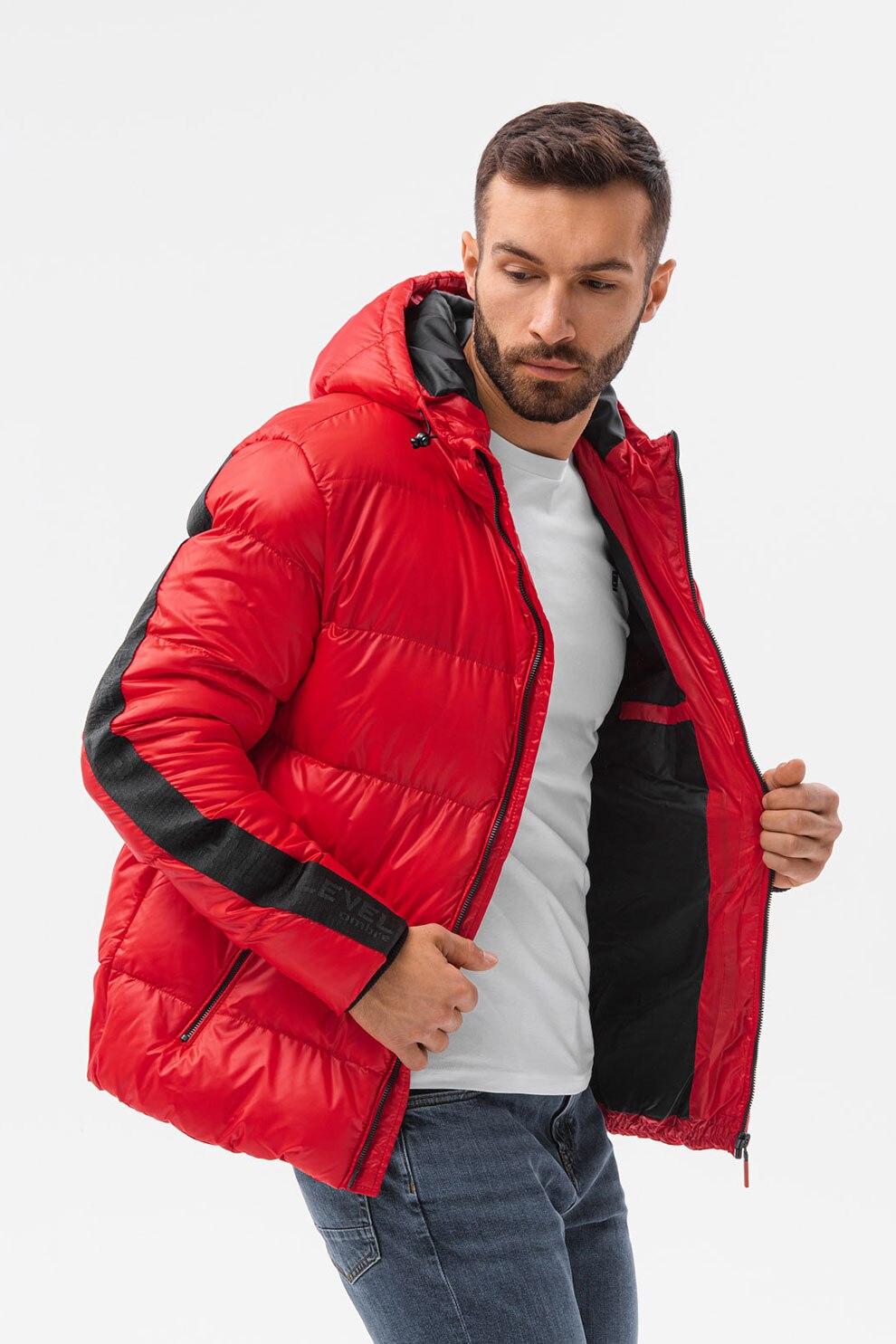 OMBRE, Geaca matlasata cu vatelina si gluga, Rosu vermilion/Negru