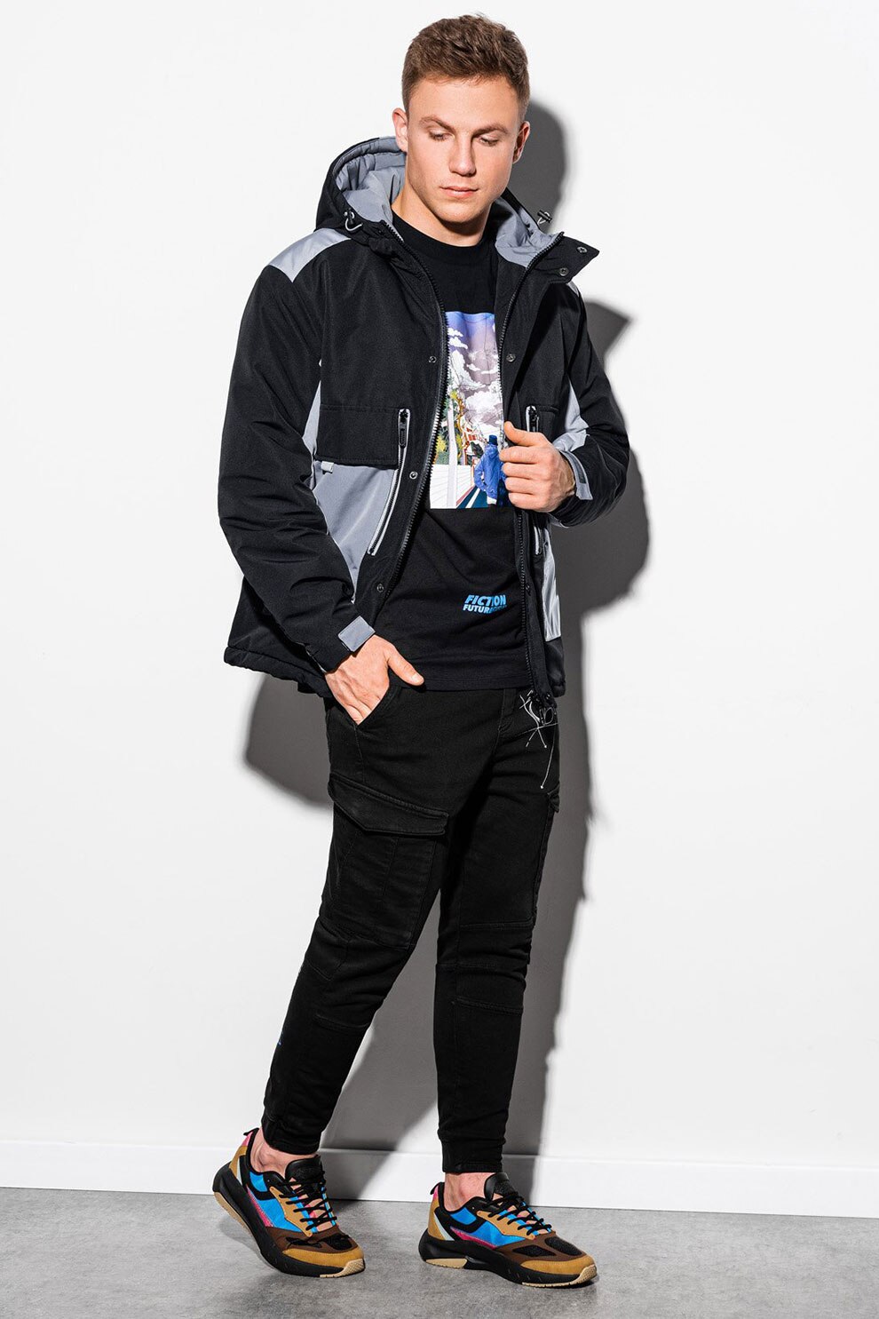 OMBRE, Geaca cu vatelina si buzunare supradimensionate, Albastru deschis, Negru, M