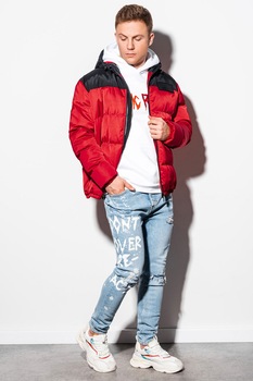 OMBRE, Geaca groasa cu gluga si aspect matlasat, Rosu/Negru, S OMBRE, Geaca groasa cu gluga si aspect matlasat, Rosu/Negru, S