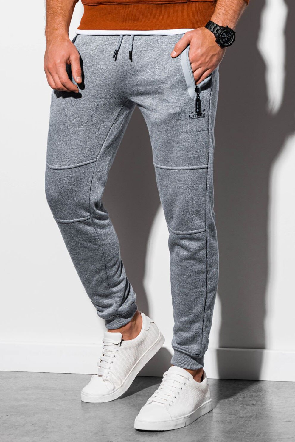 OMBRE, Pantaloni sport cu croiala conica si snur de ajustare, Gri melange