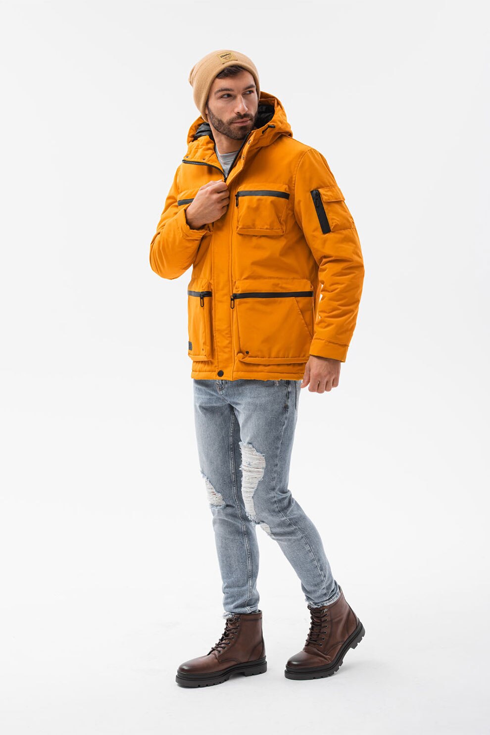 OMBRE, Geaca cu vatelina, gluga si buzunare aplicate, Oranj