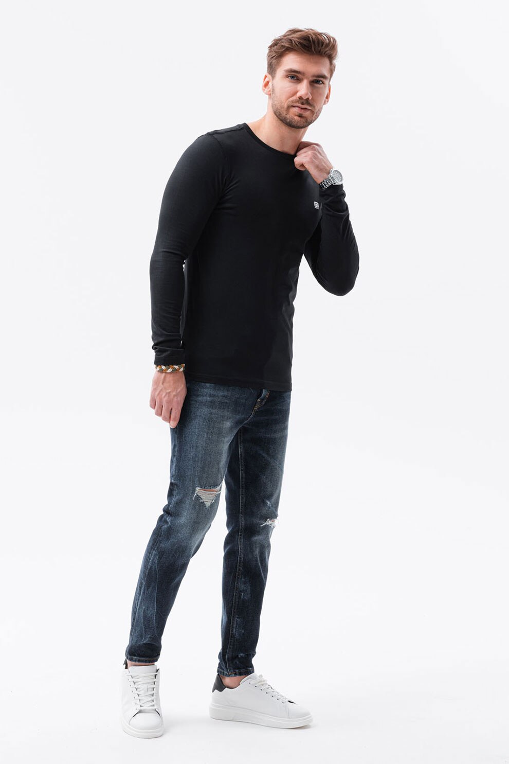 OMBRE, Bluza cu decolteu la baza gatului si logo pe piept, Negru