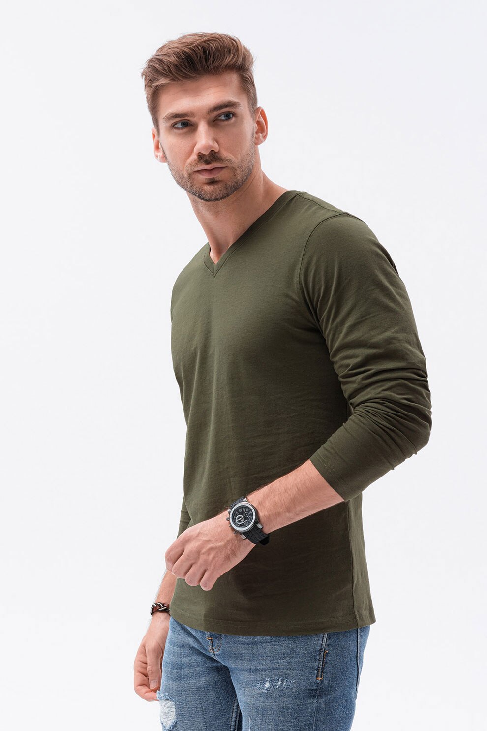 OMBRE, Bluza de bumbac cu decolteu in V, Verde militar
