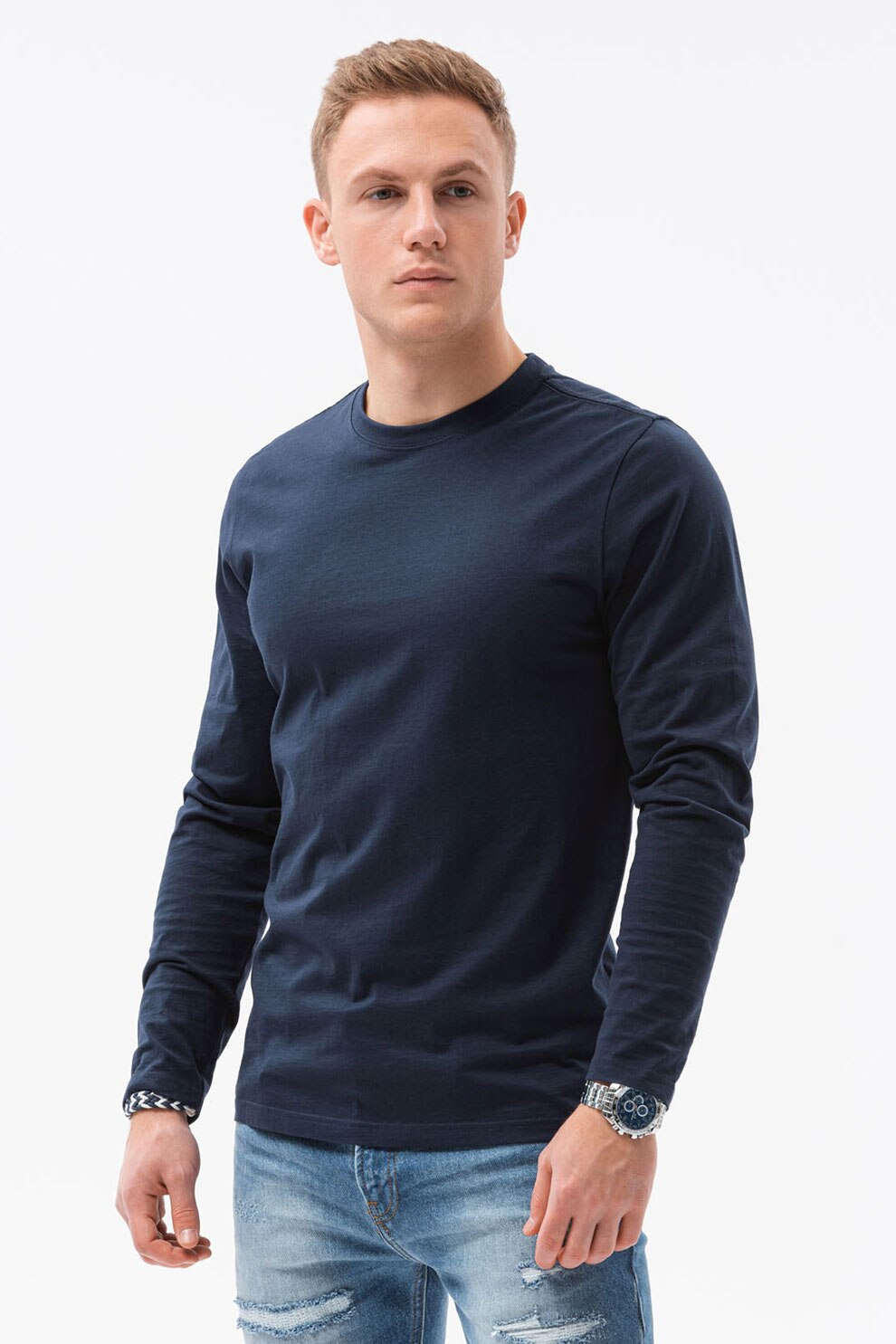 OMBRE, Bluza din bumbac cu decolteu la baza gatului, Bleumarin