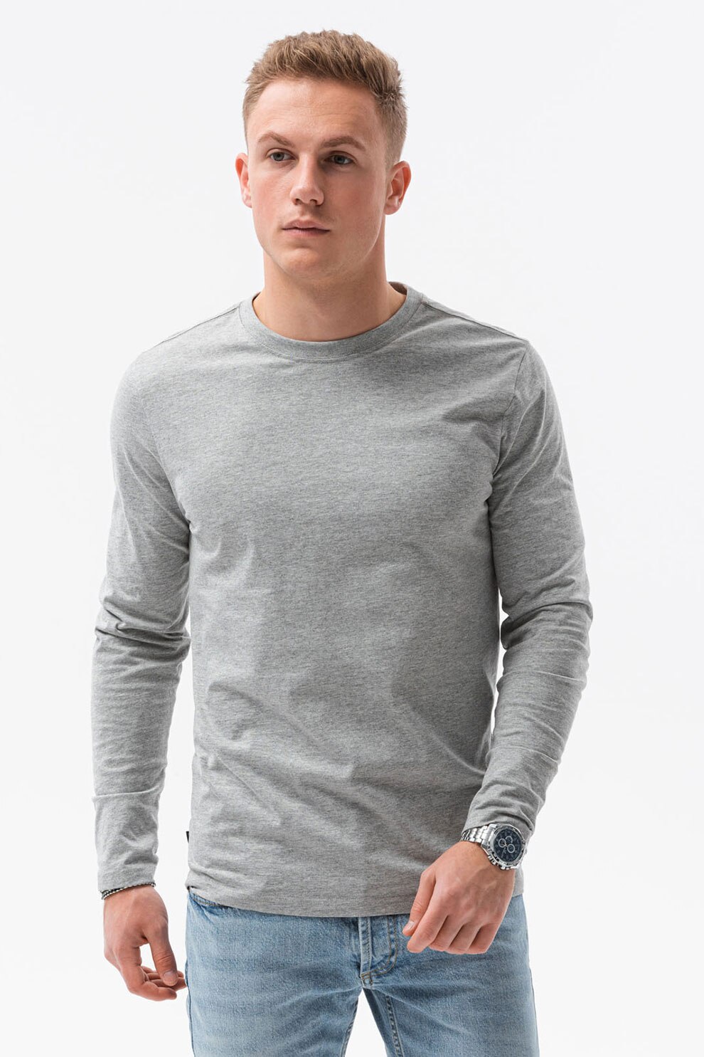 OMBRE, Bluza din bumbac cu decolteu la baza gatului, Gri deschis melange