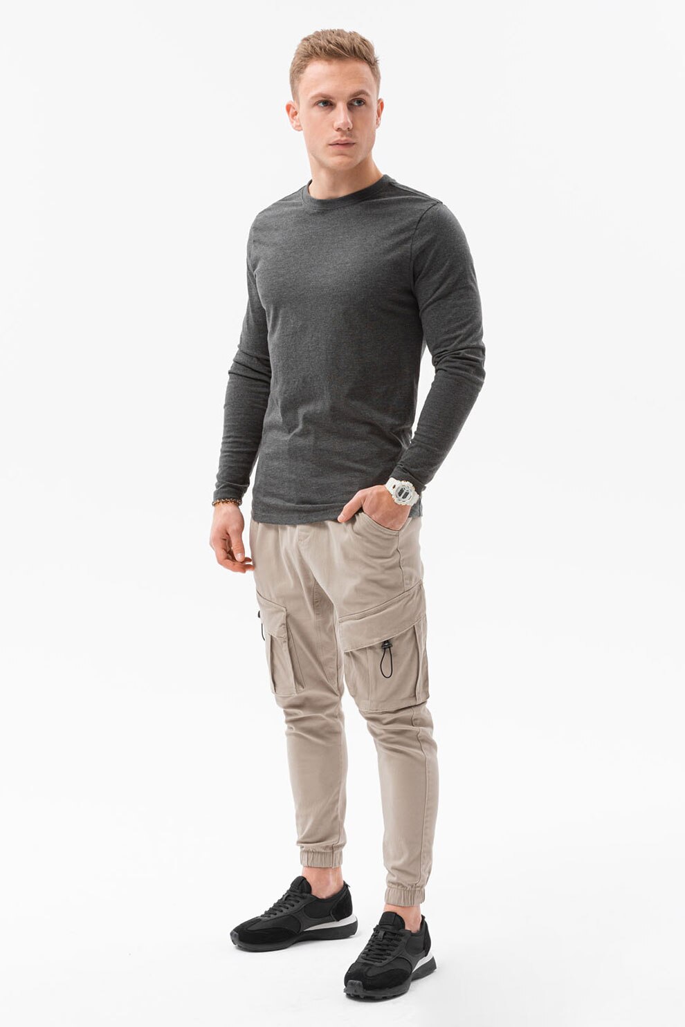 OMBRE, Bluza din bumbac cu decolteu la baza gatului, Gri inchis melange