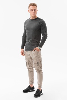 OMBRE, Bluza din bumbac cu decolteu la baza gatului, Gri inchis melange OMBRE, Bluza din bumbac cu decolteu la baza gatului, Gri inchis melange