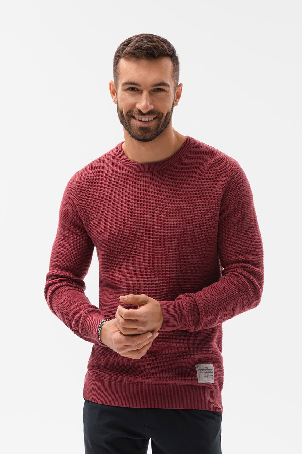 OMBRE, Pulover cu decolteu la baza gatului si aspect texturat, Rosu stins