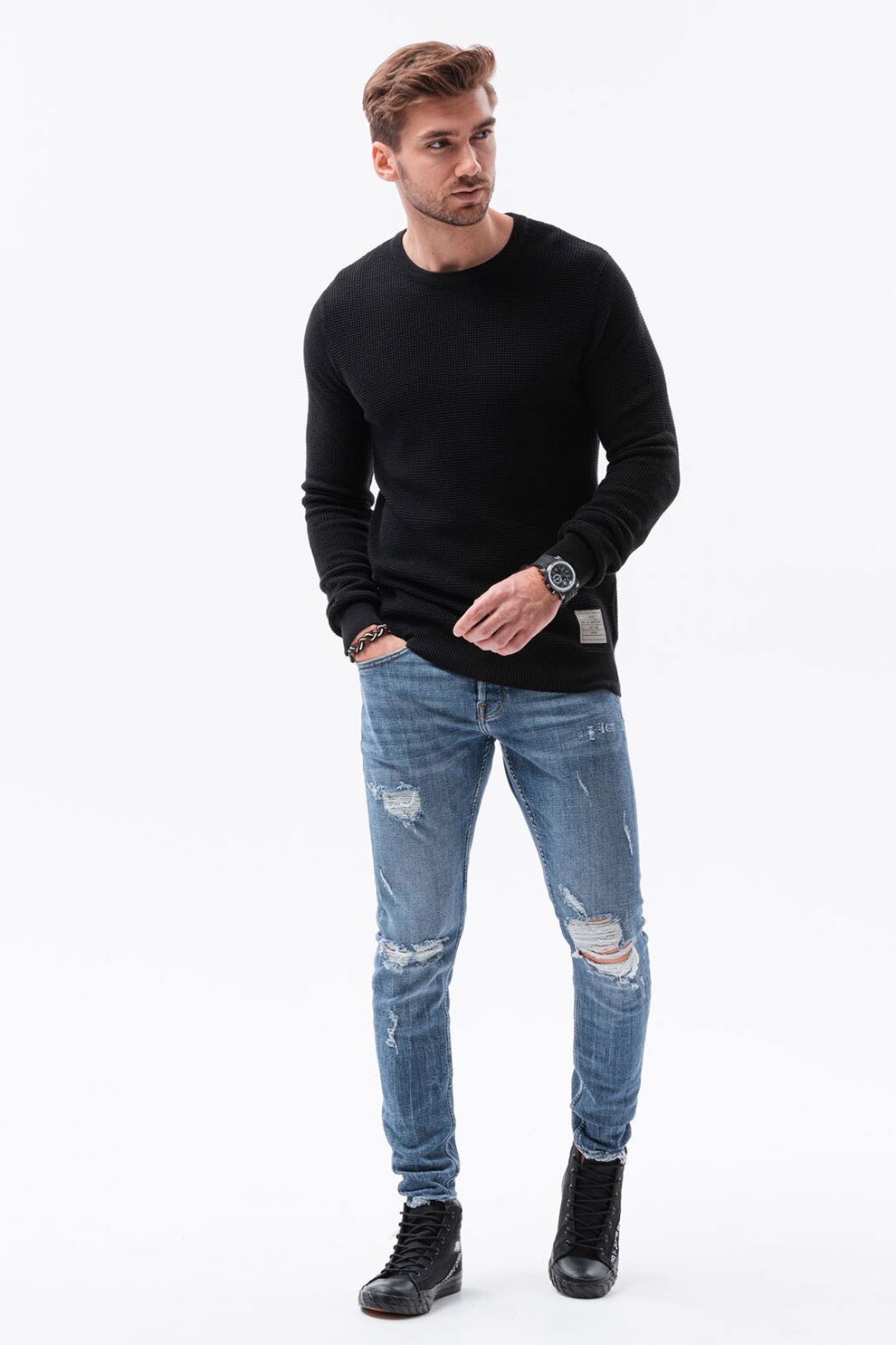 OMBRE, Pulover cu decolteu la baza gatului si aspect texturat, Negru