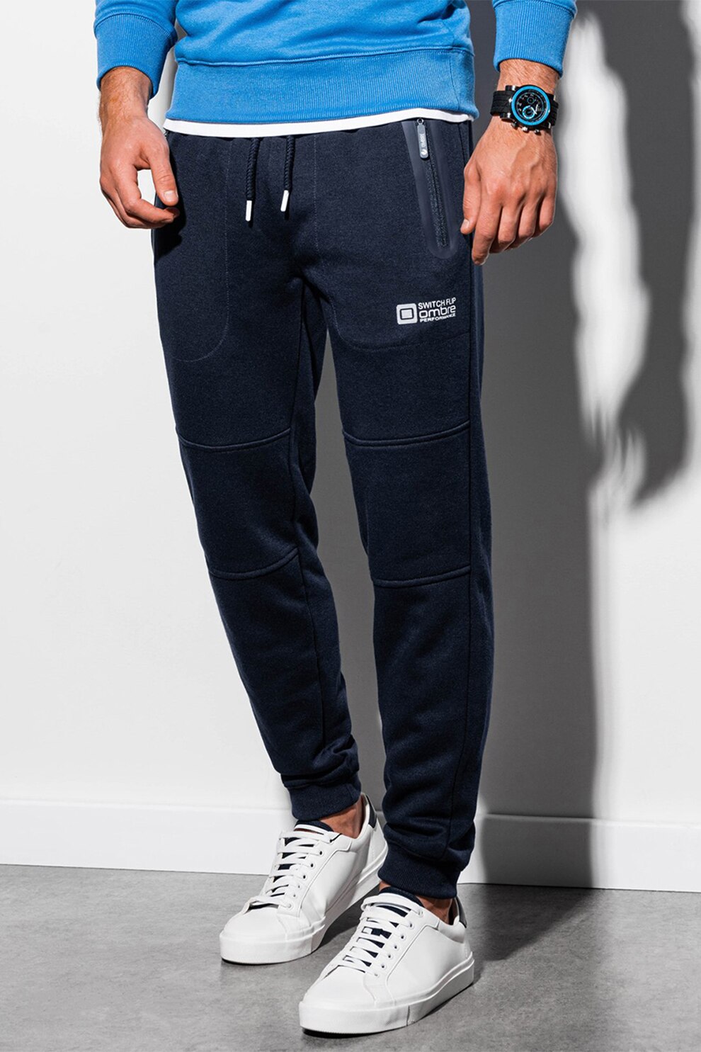 OMBRE, Pantaloni sport cu croiala conica si snur de ajustare, Bleumarin