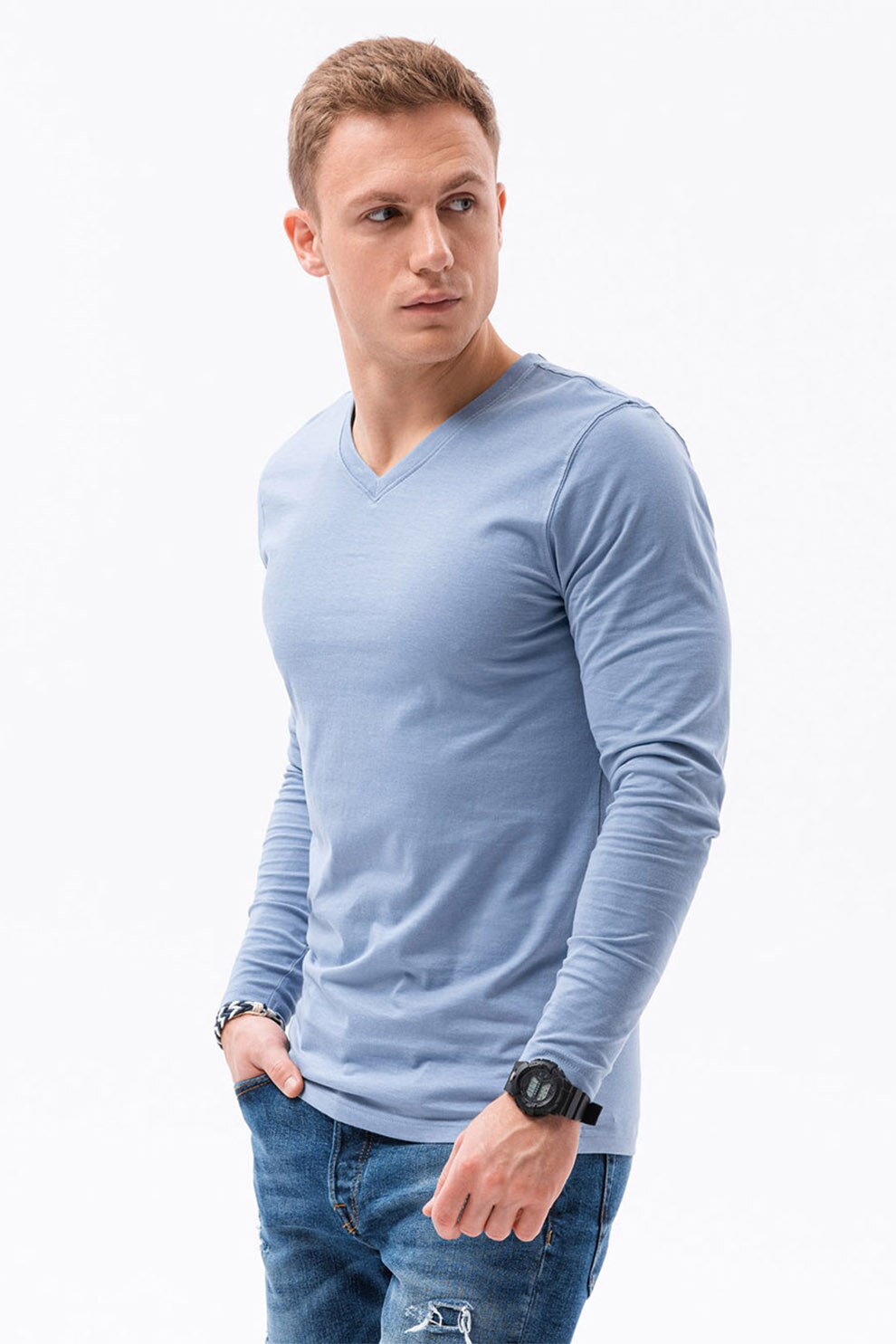 OMBRE, Bluza de bumbac cu decolteu in V, Bleu