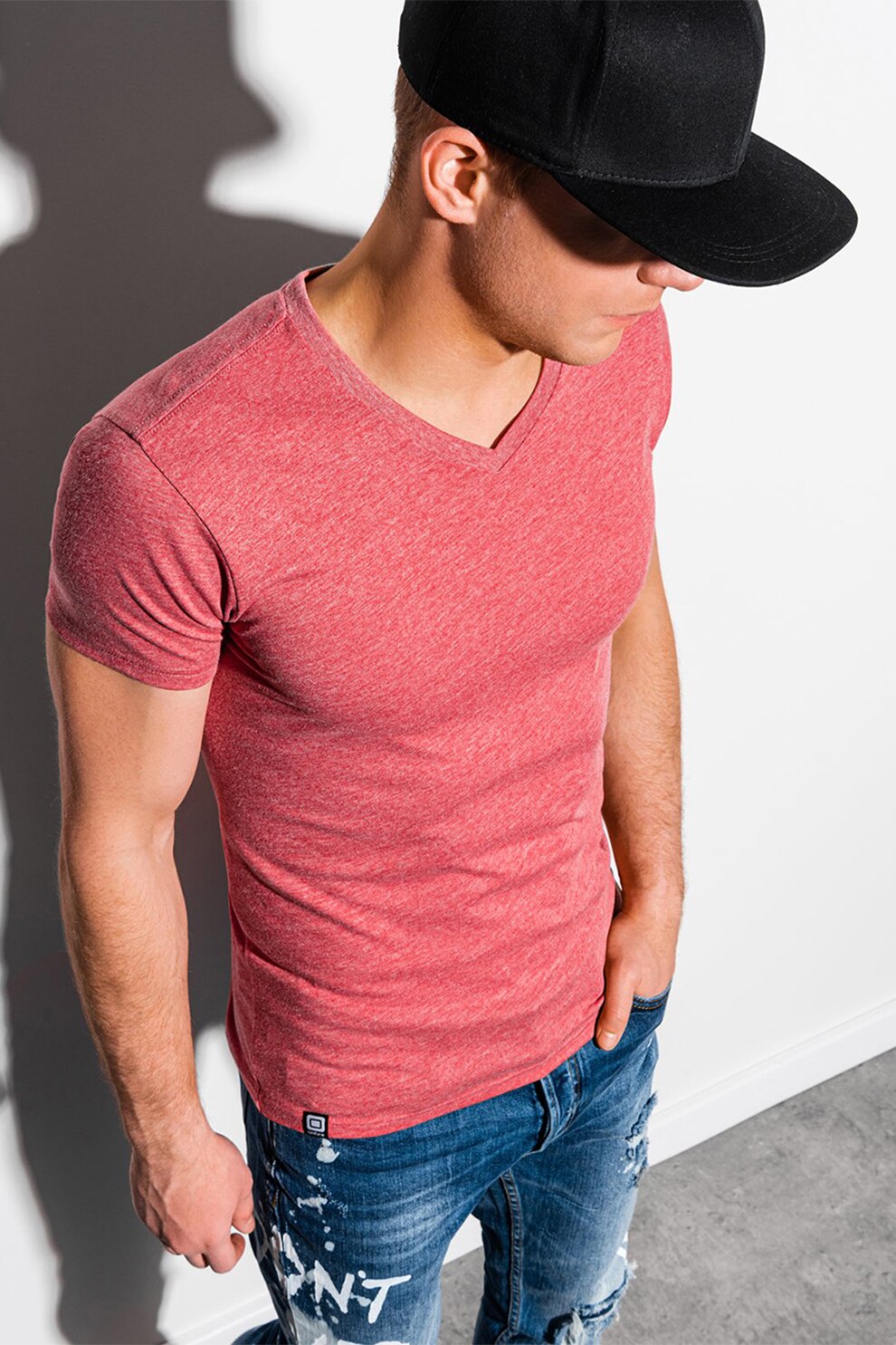 OMBRE, Tricou cu decolteu in V, Rosu melange