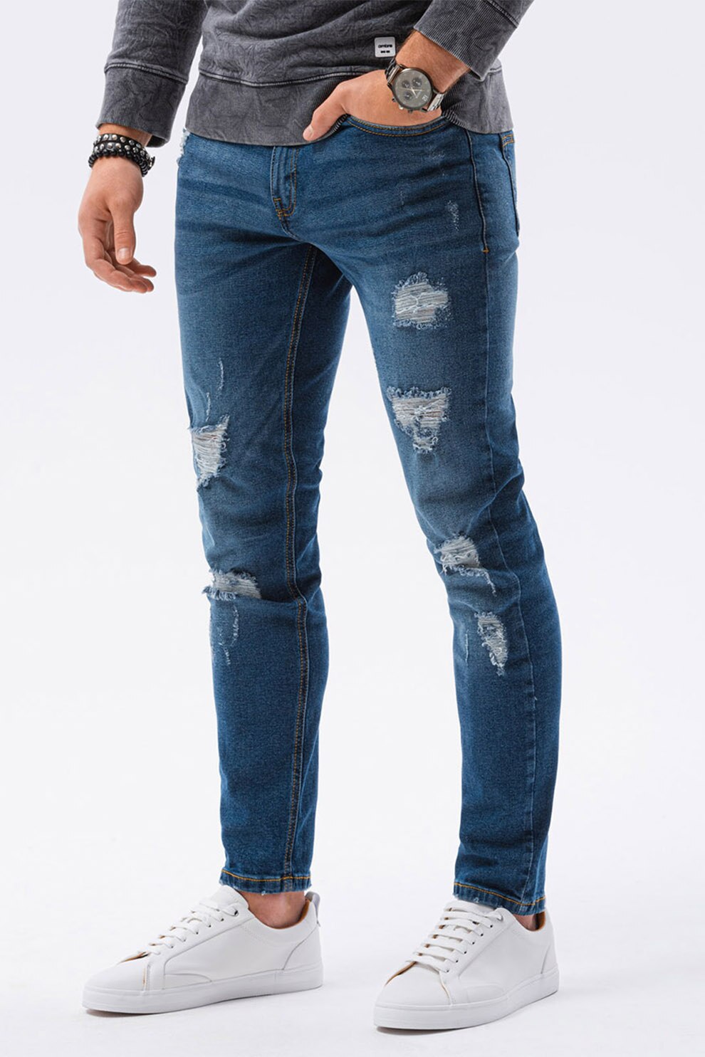 OMBRE, Blugi regular fit cu detalii cu aspect deteriorat, Albastru inchis