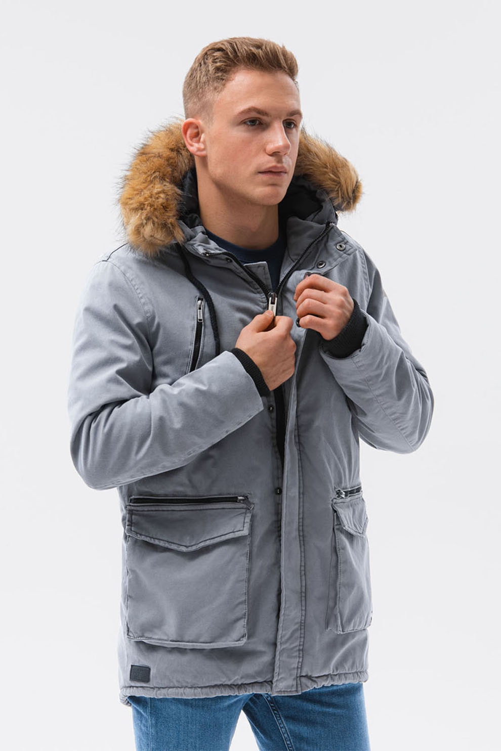 OMBRE, Geaca parka usoara cu garnitura din blana sintetica, Gri