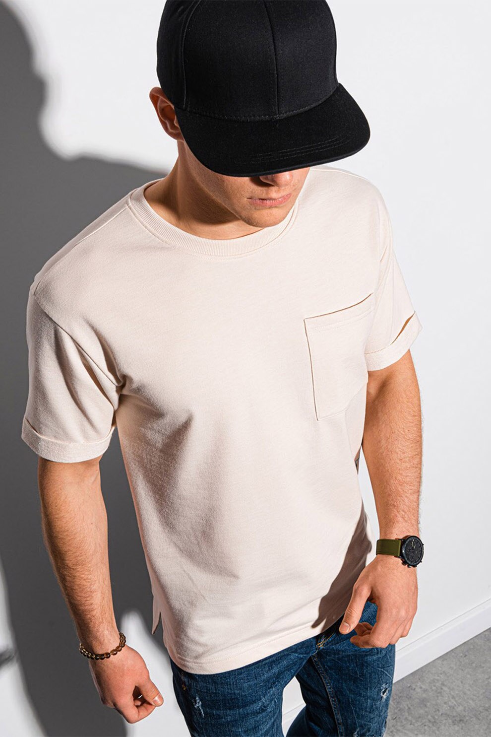 OMBRE, Tricou cu imprimeu si buzunar pe piept, Alb fildes