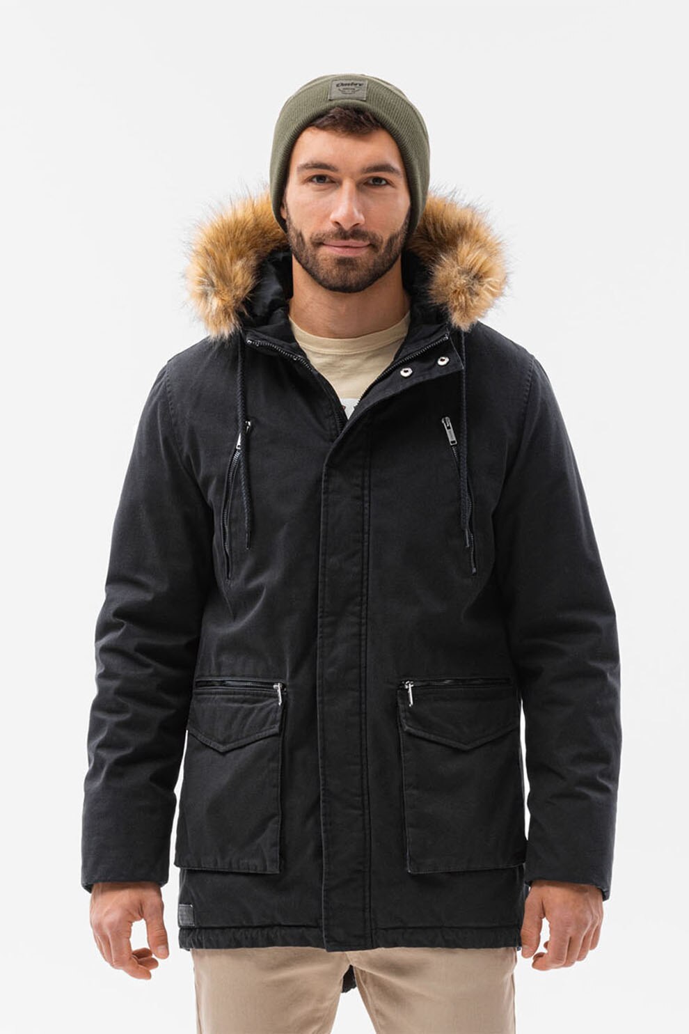 OMBRE, Geaca parka usoara cu garnitura din blana sintetica, Negru