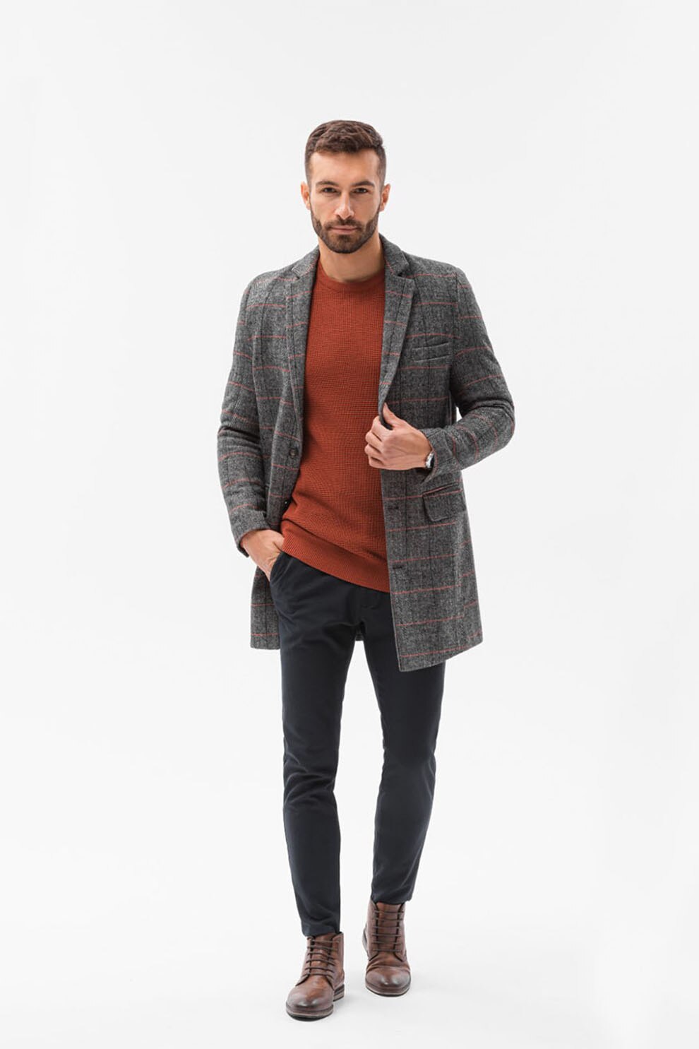 OMBRE, Palton cu model in carouri si revere decupate, Gri antracit