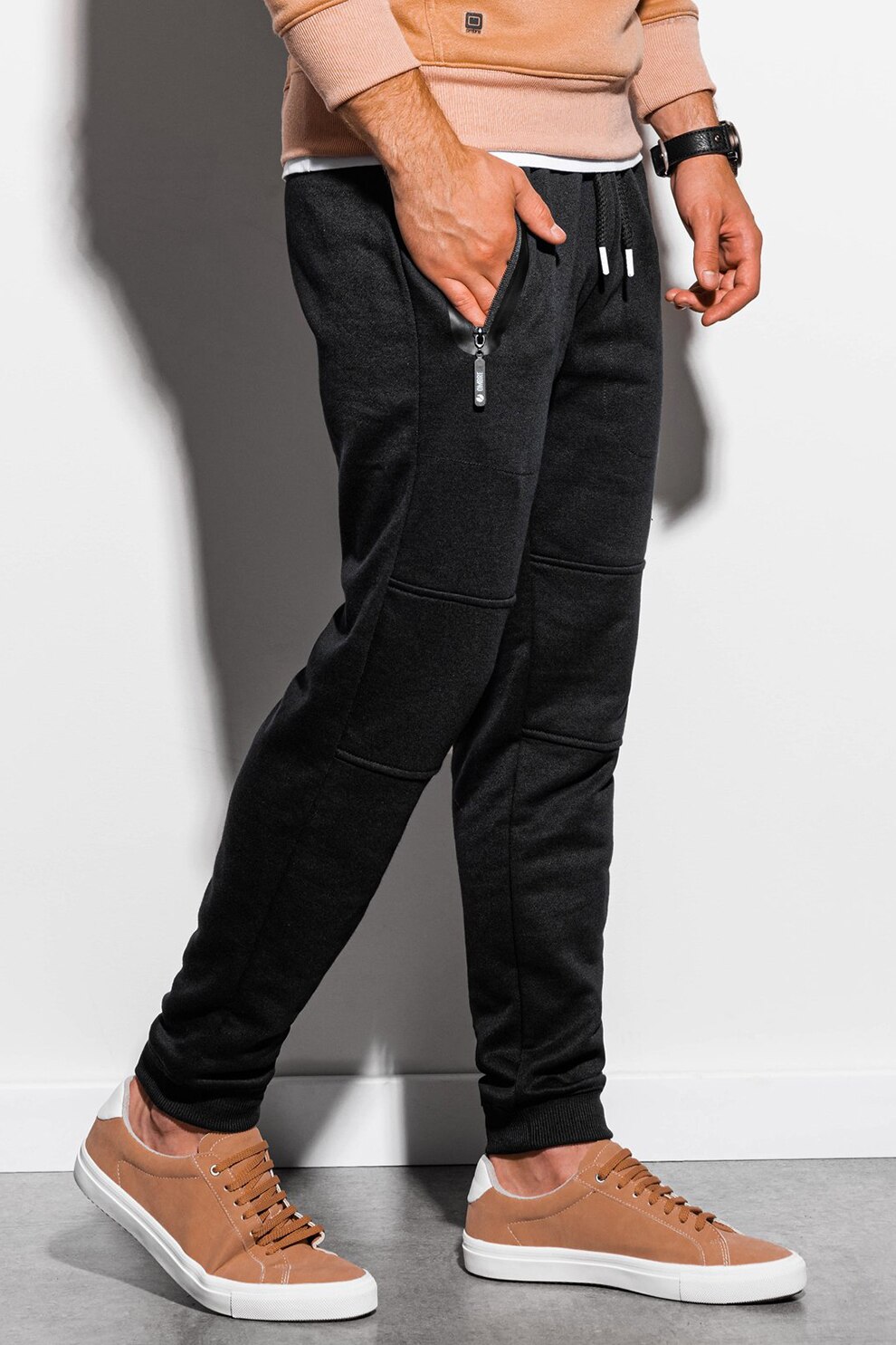 OMBRE, Pantaloni sport cu croiala conica si snur de ajustare, Negru