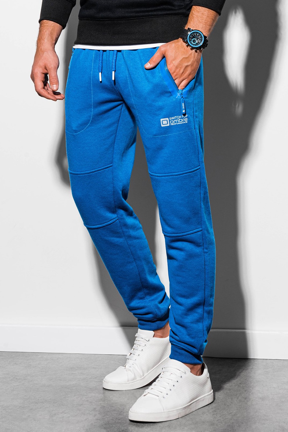 OMBRE, Pantaloni sport cu croiala conica si snur de ajustare, Albastru royal