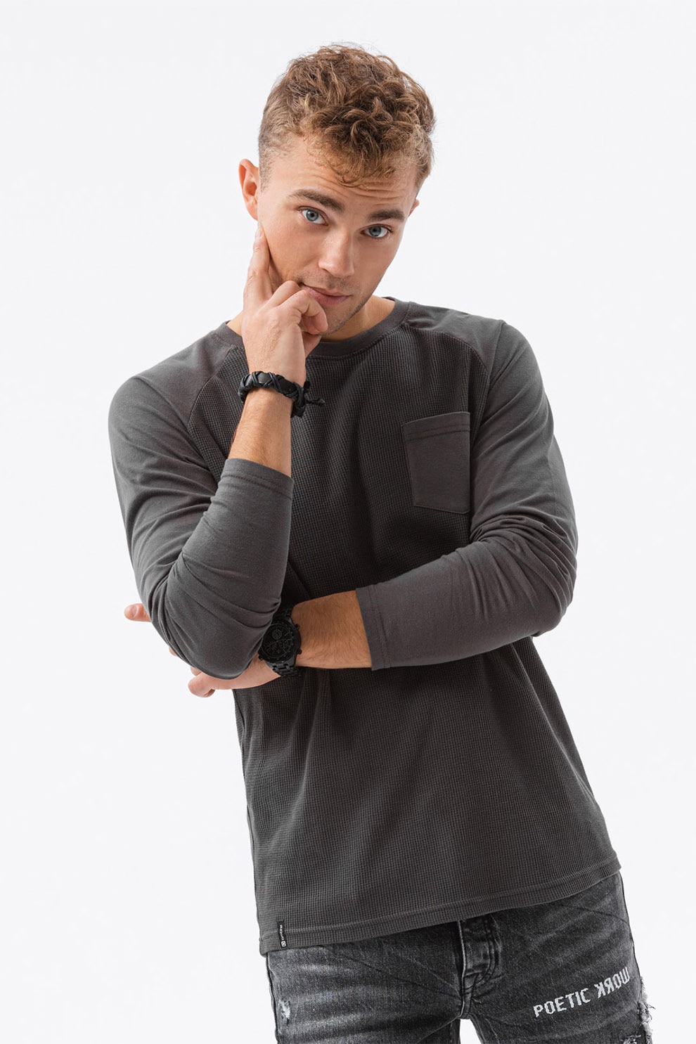 OMBRE, Bluza din bumbac cu buzunar pe piept, Gri inchis