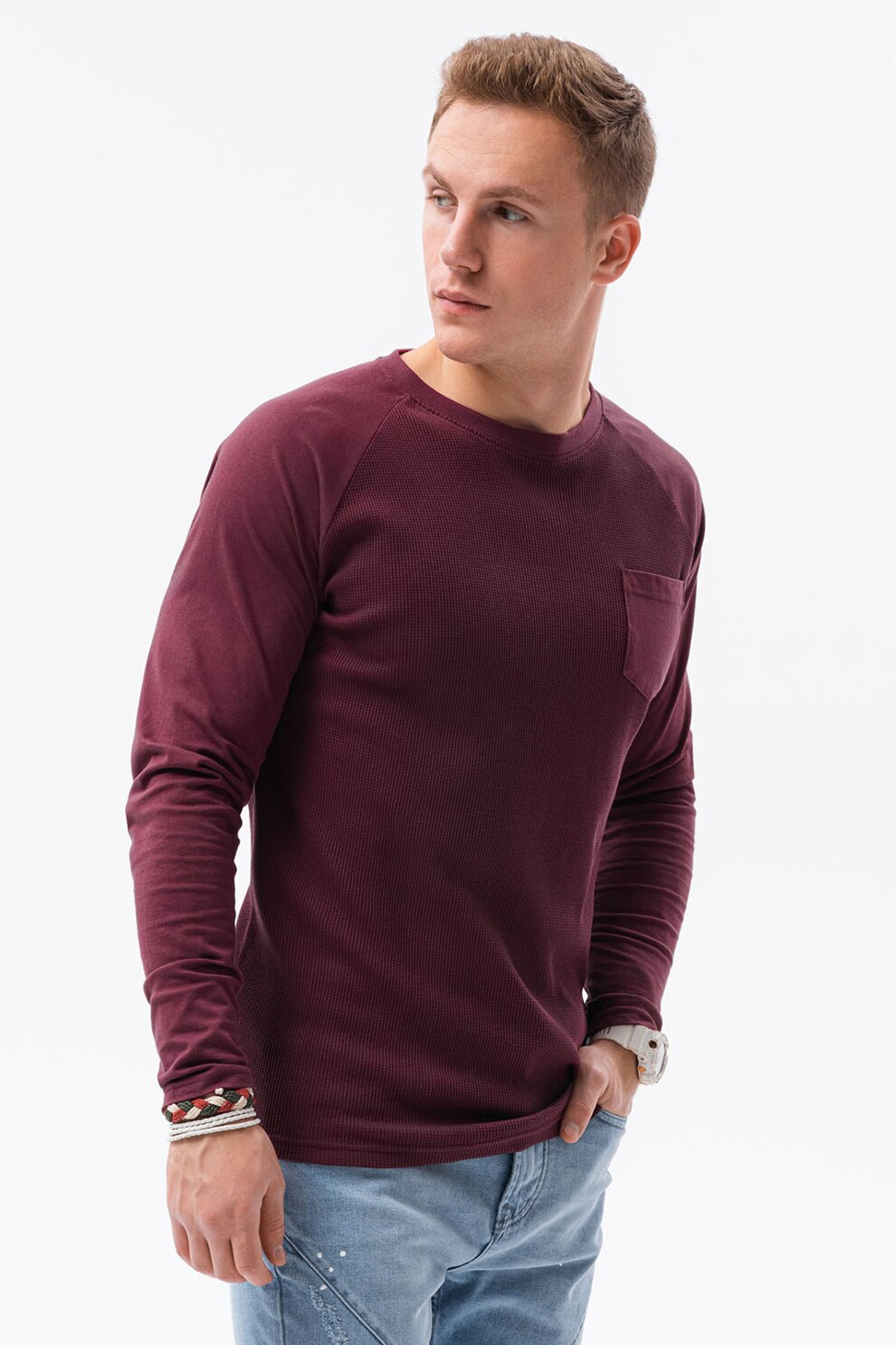 OMBRE, Bluza cu maneci raglan si buzunar aplicat pe piept, Visiniu