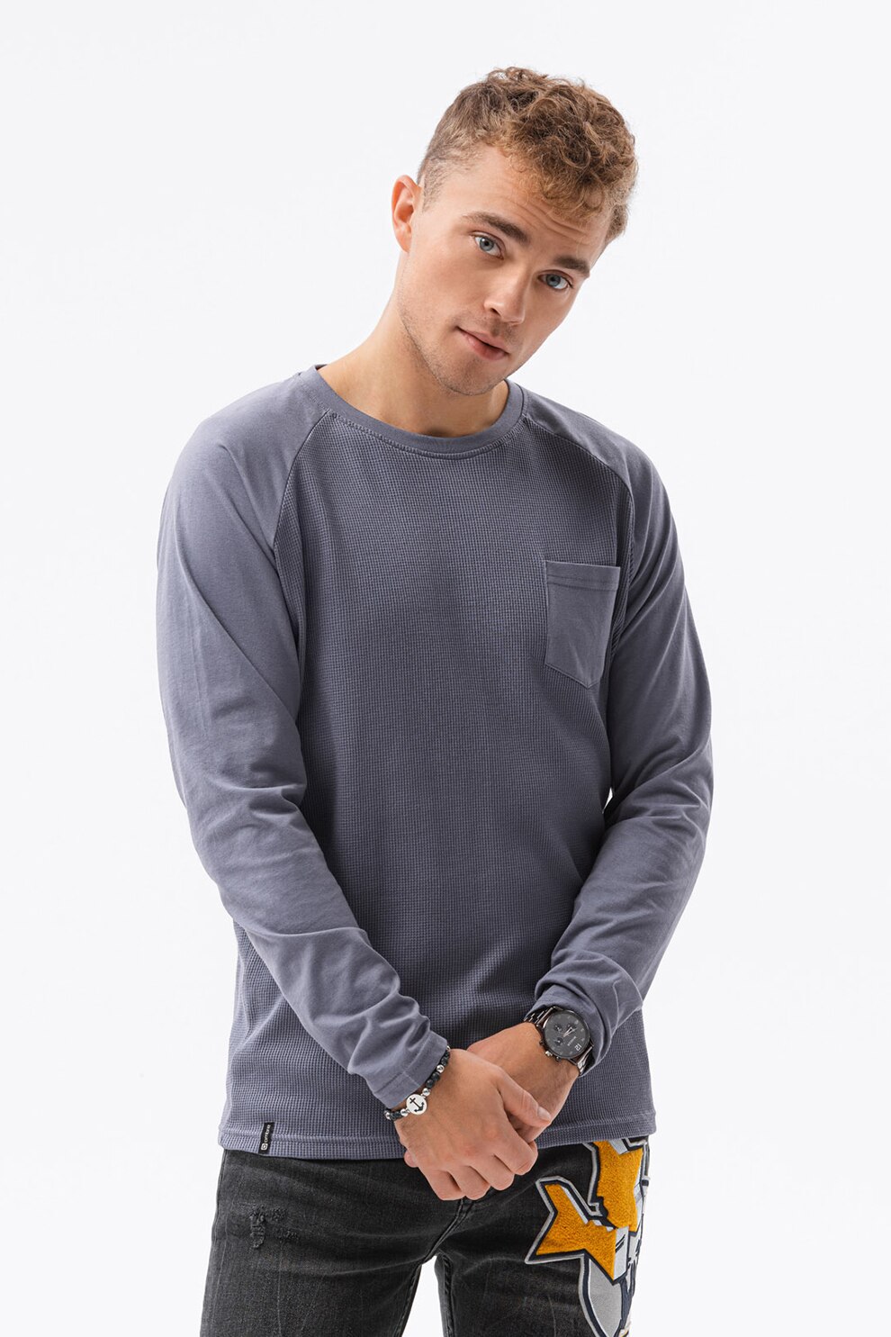 OMBRE, Bluza cu maneci raglan si buzunar aplicat pe piept, Albastru prafuit