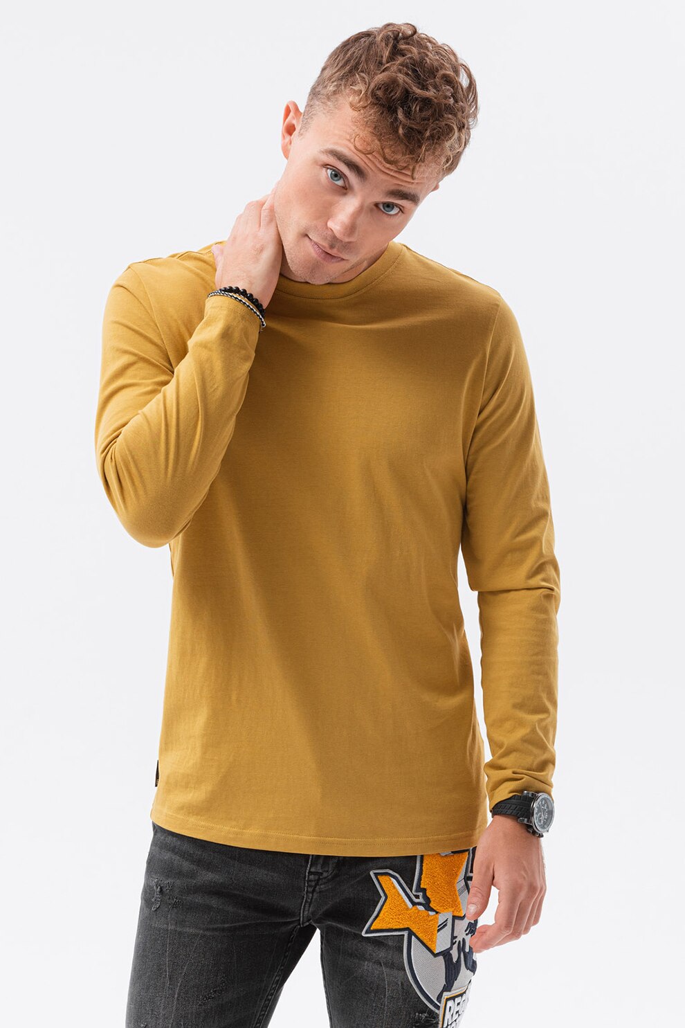 OMBRE, Bluza din bumbac cu decolteu la baza gatului, Galben mustar