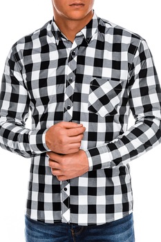 OMBRE, Camasa cu model in carouri si buzunar pe piept, Negru, Roşu, 2XL OMBRE, Camasa cu model in carouri si buzunar pe piept, Negru, Roşu, 2XL