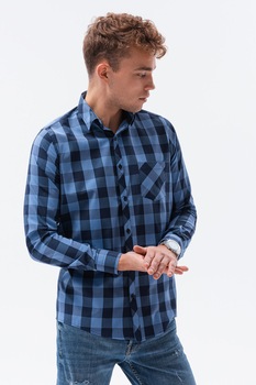 OMBRE, Camasa cu model in carouri si buzunar pe piept, Albastru deschis, Bleumarin, S OMBRE, Camasa cu model in carouri si buzunar pe piept, Albastru deschis, Bleumarin, S