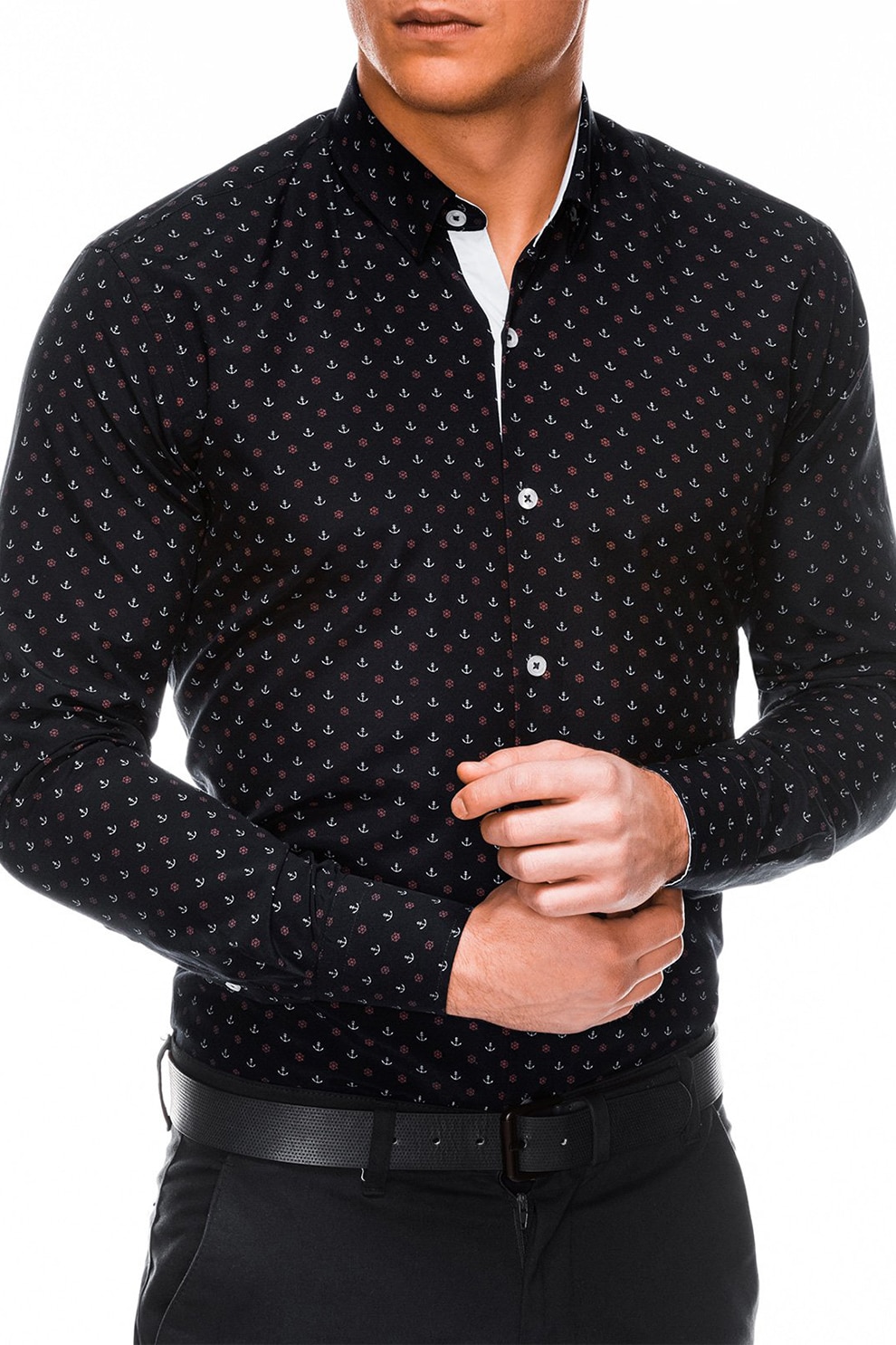 OMBRE, Camasa slim fit cu imprimeu, Alb, Rosu stins, Negru, M