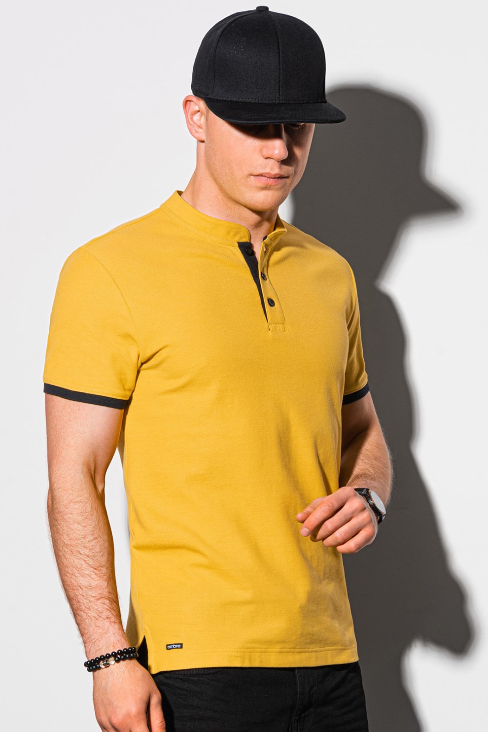 OMBRE, Tricou din bumbac cu decolteu henley, Galben sofran