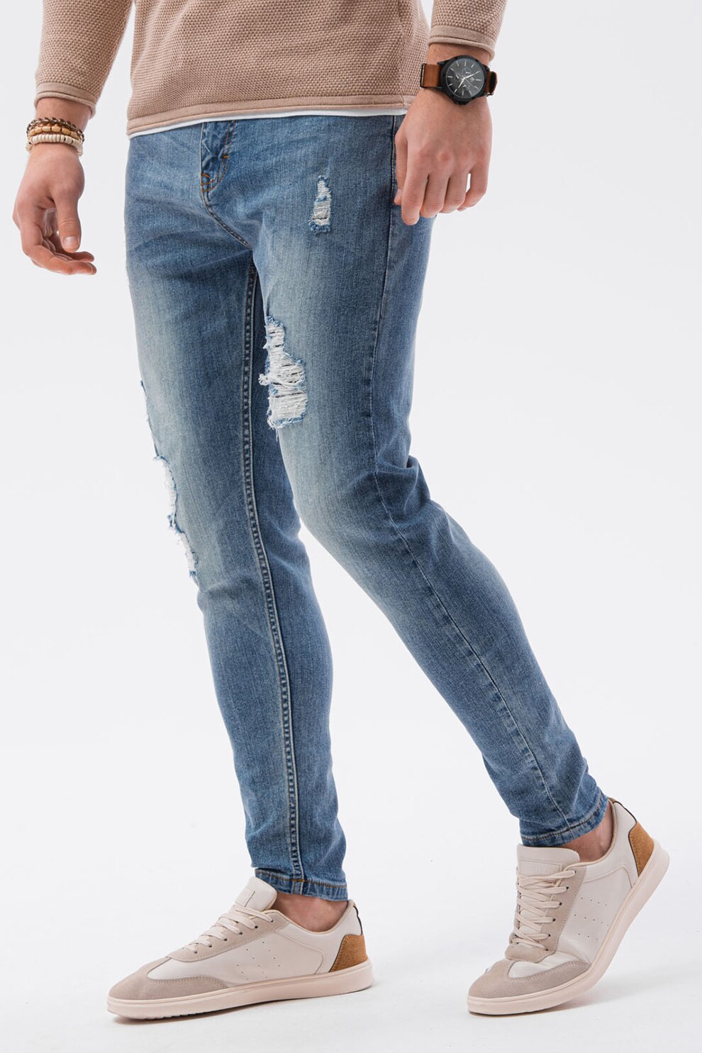 OMBRE, Blugi skinny cu aspect deteriorat, Albastru deschis