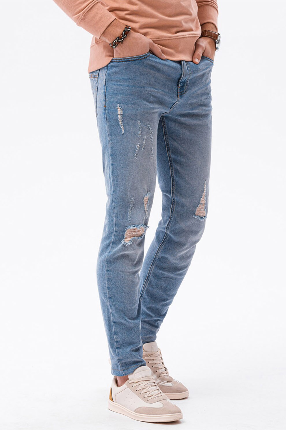 OMBRE, Blugi slim fit cu detalii cu aspect deteriorat, Albastru deschis